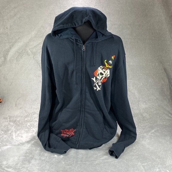 Vtg Ed Hardy Hoodie Mens L Black Christian Audigier Skull Full Zip Rhinestones